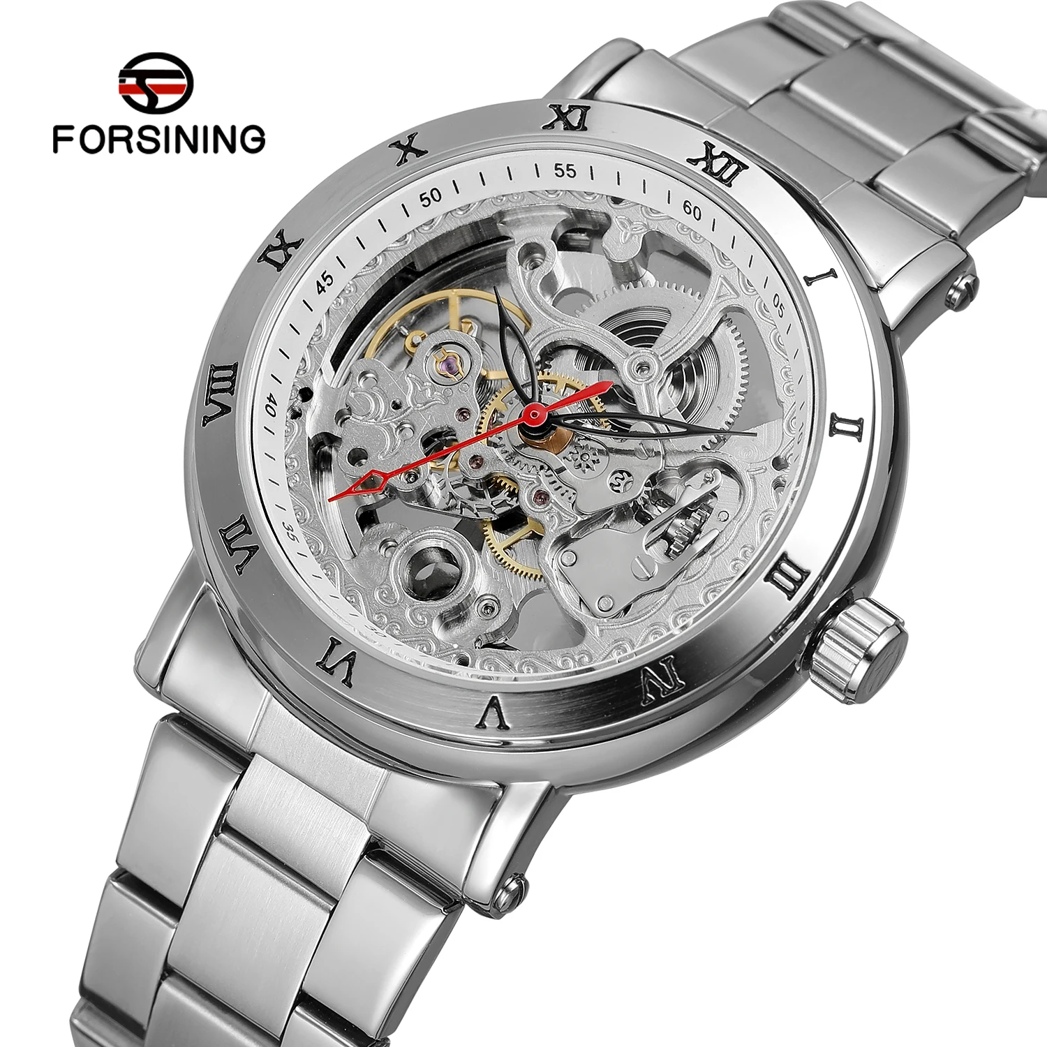 forsining-ファッションレトロメンズ腕時計スケルトン機械式ローマ数字ケース中空ステンレス鋼トップ高級クラシック腕時計