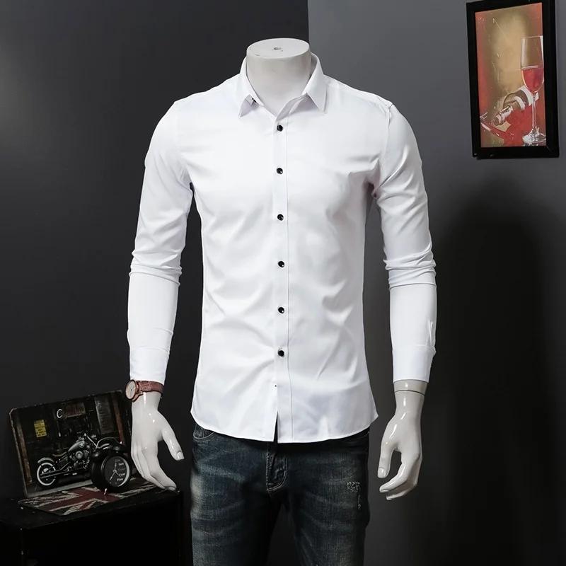 

Iron-Free White Long Sve Slim Fit Men's irt Smooth Fabric Workwear Faionable Korean Sle Youth Commute Polyester Blend