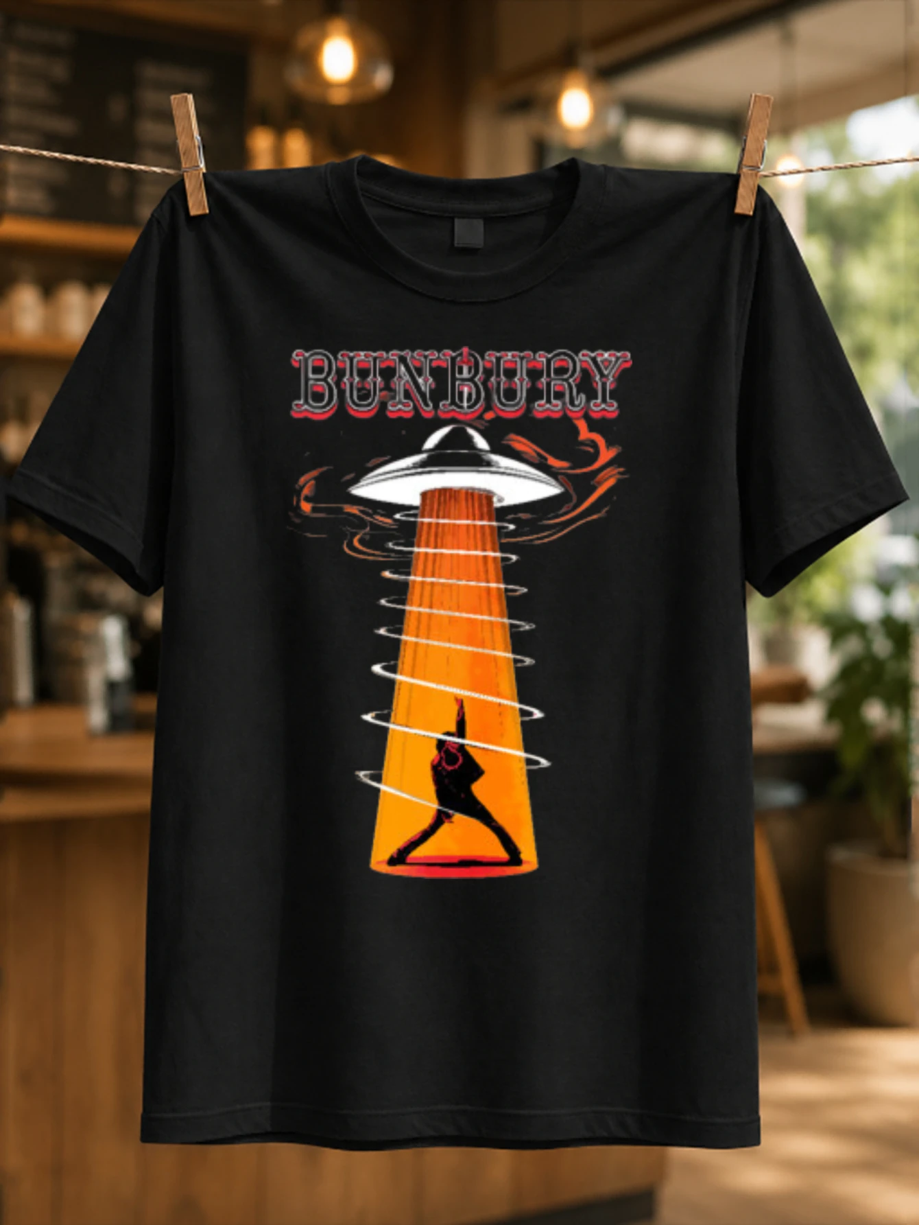 Bunbury UFO beam design with orange light column and silhouette figure retro sci fi concert style  Unisex All T-Shirt