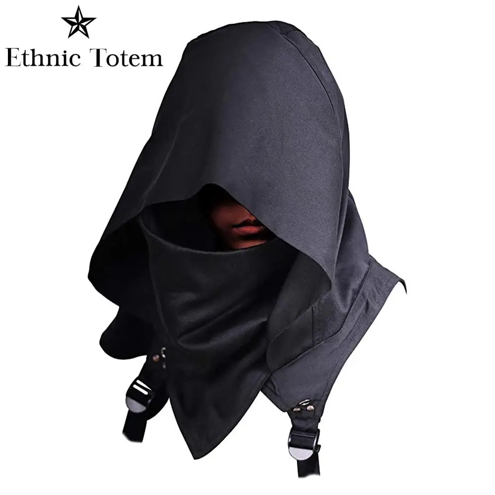 Men's Medieval Vintage Pirate Cosplay Mask Hooded Cloak Black White Gothic Punk Button Hood Face Shield Halloween Costumes