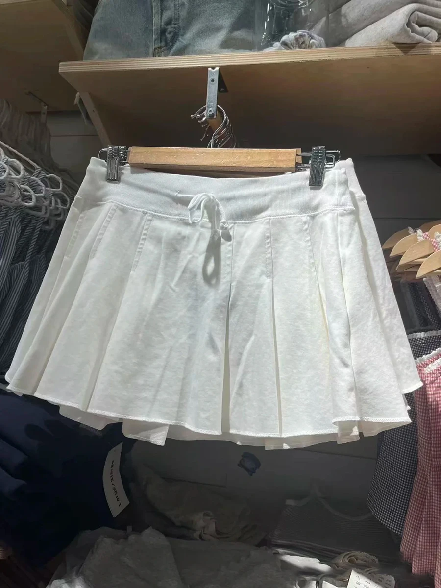 

White Drawstring Mini Pleated Skirt Women Summer Elastic Waist Cotton A-line Short Faldas Retro Cute Solid Sports Skirts Y2k New