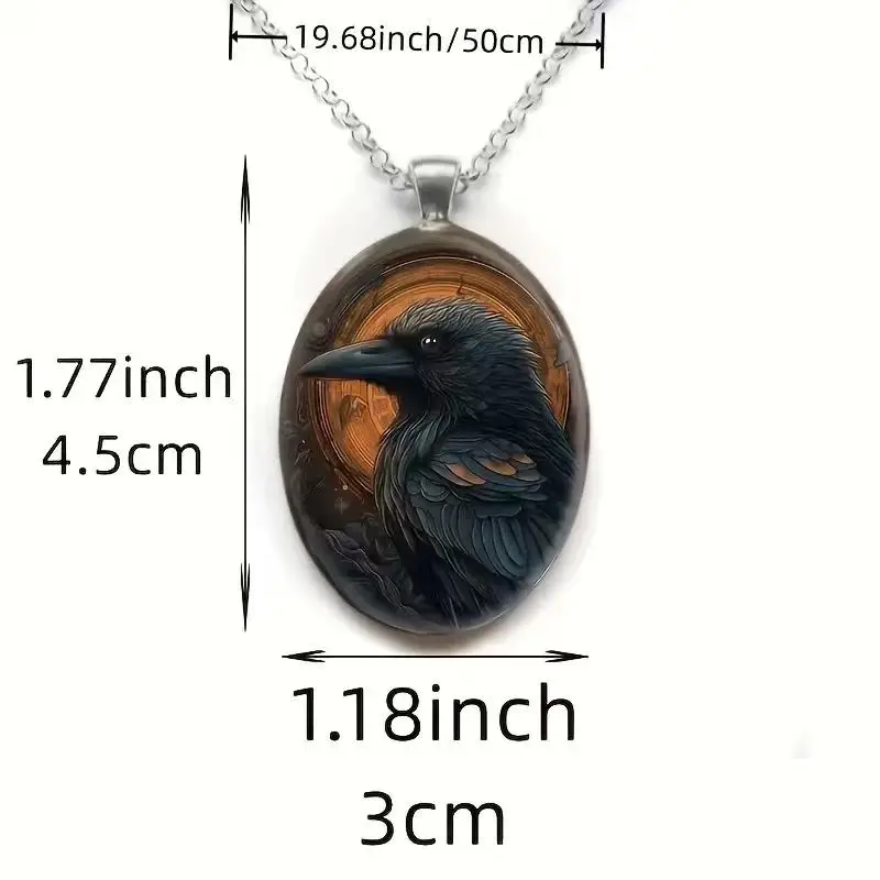 Punk Crow Flying Bird Gothic Colored Pattern Oval Glass Pendant Necklace-02