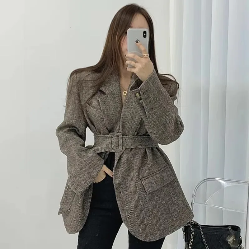 Insozkdg Korean Vintage High-end Lapel Women Jacket Autumn Winter Lace-up Waist Slimming Herringbone Woolen Coat Women Clothing