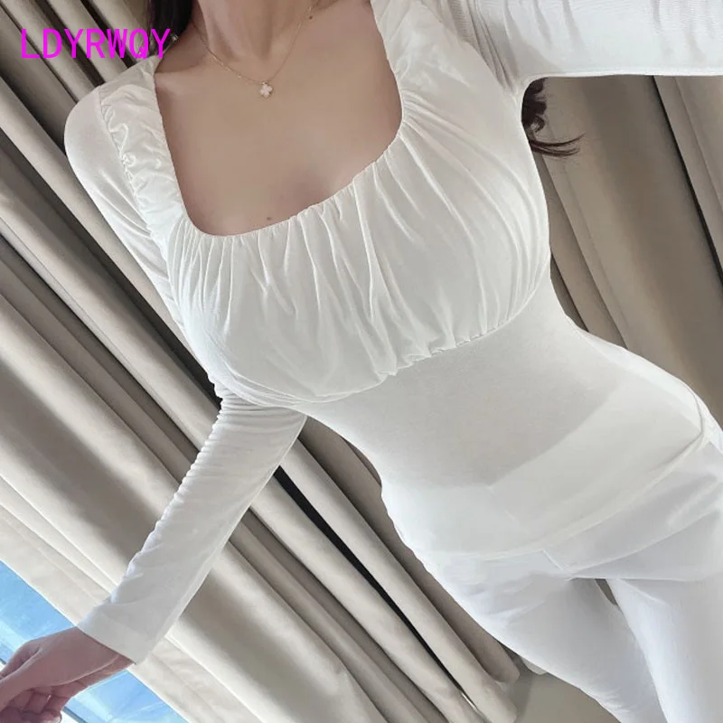 South Korea 2023 New Slim Fit Pleated U Neck Long Sleeve Underlay T-shirt Female