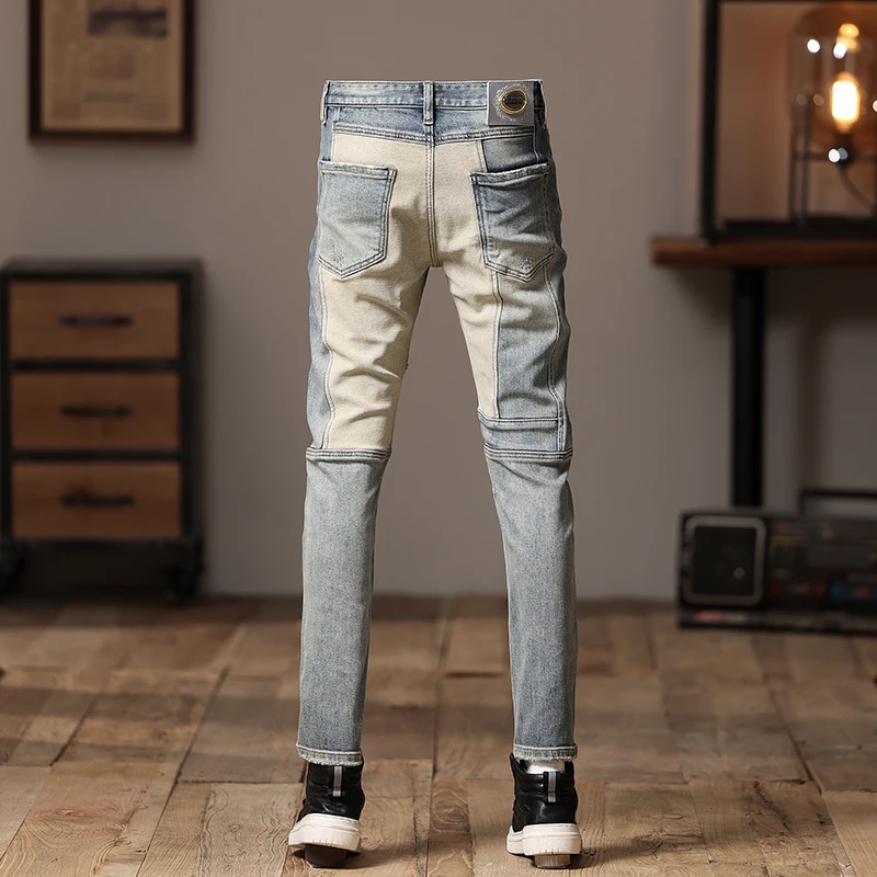 Stitching Motorcycle Jeans Men's Retro Street Distressed Scratch Design Trendy Casual Skinny Fashion Pants