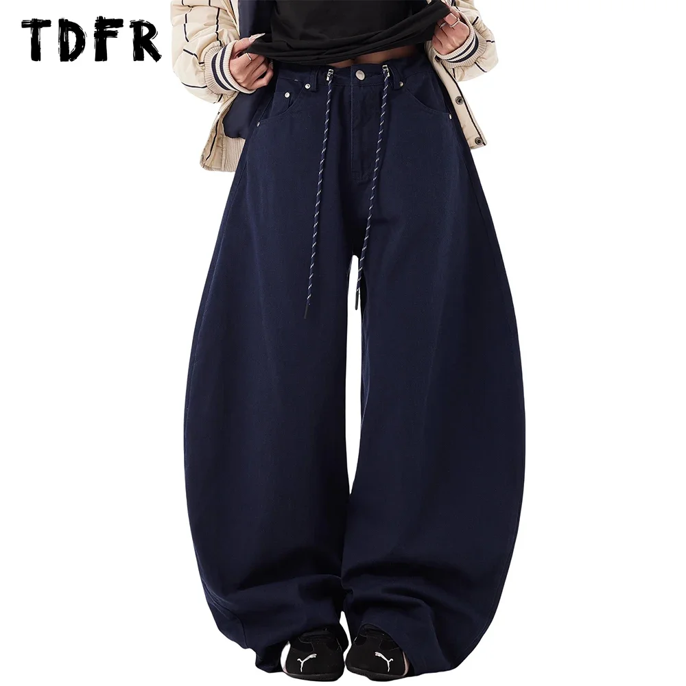 

Drawstring Dark Jeans Mens Retro Streetwear Loose Wide Leg Pocket Denim Pants Men Trousers