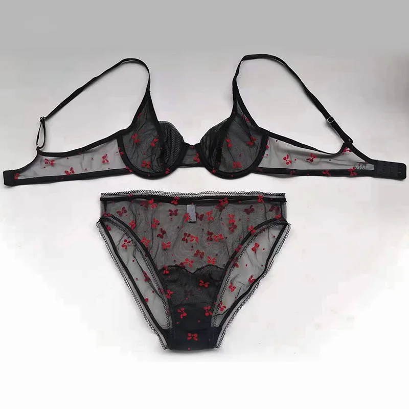 

New flocking embroidered lingerie ultra-thin mesh bra set underwire sexy small chest gather anti-sagging underwear set
