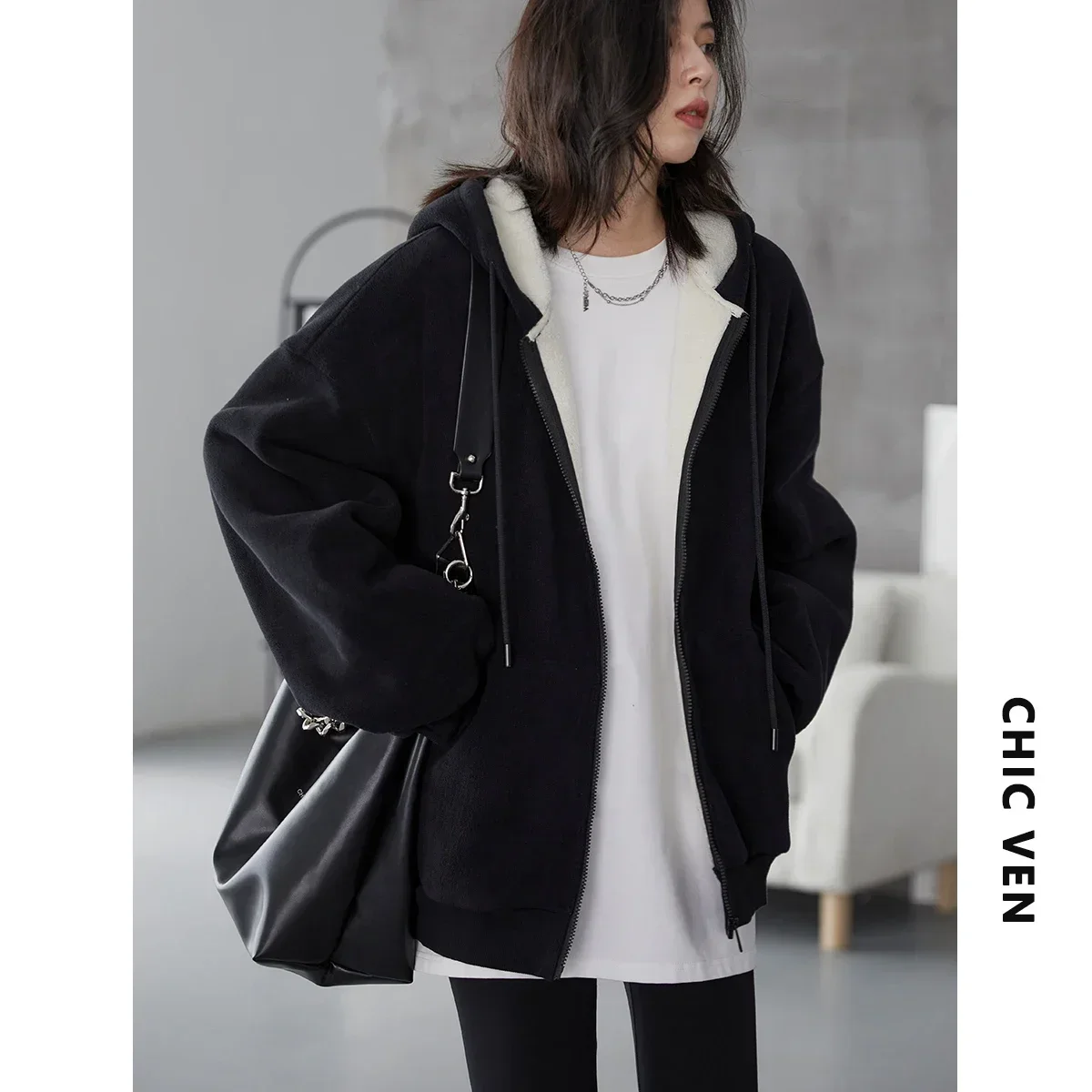 CHIC VEN Women Hoodies Sweatshirts Solid Loose Streetwear Coat Zip-up Plush Hooded Sweater Jacket for Women Autumn Winter 2024