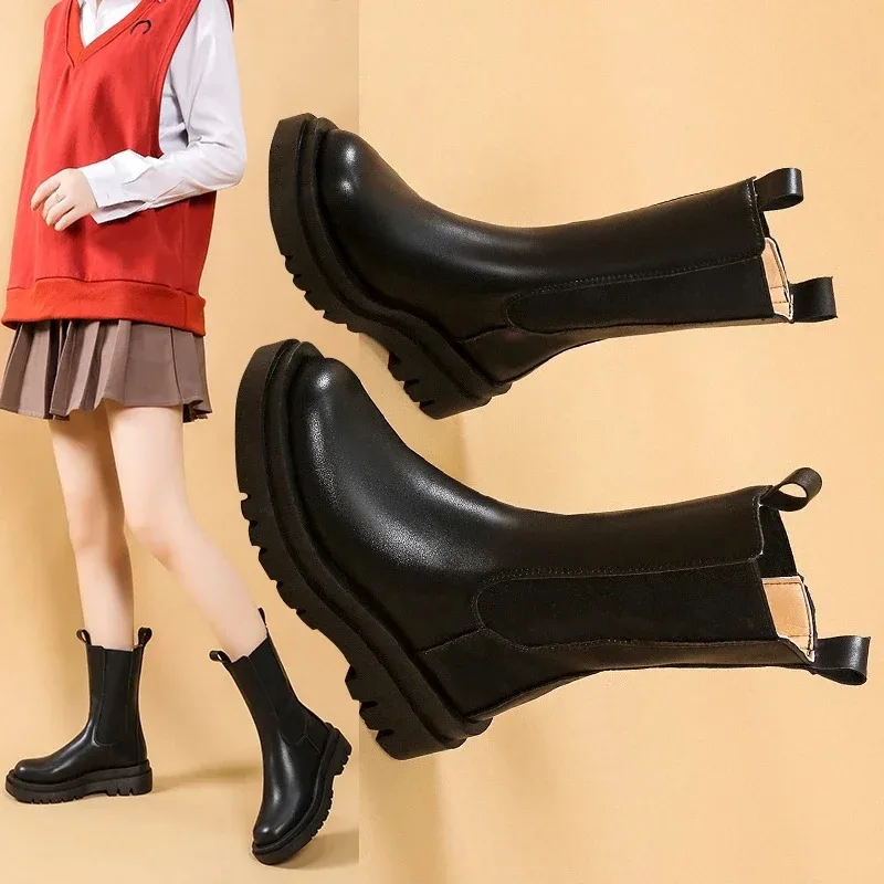 Women Chelsea Boots Spring New Black Mid Ankle Flat Platform Lady Shoes Female All Match Classic Concise Fashion Round Toe Shoes