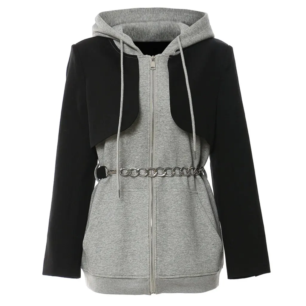 

Платье с капюшоном контрастного цвета и цепочкой, узкая талия, искусственный дизайн из двух частей, женская мода, весна