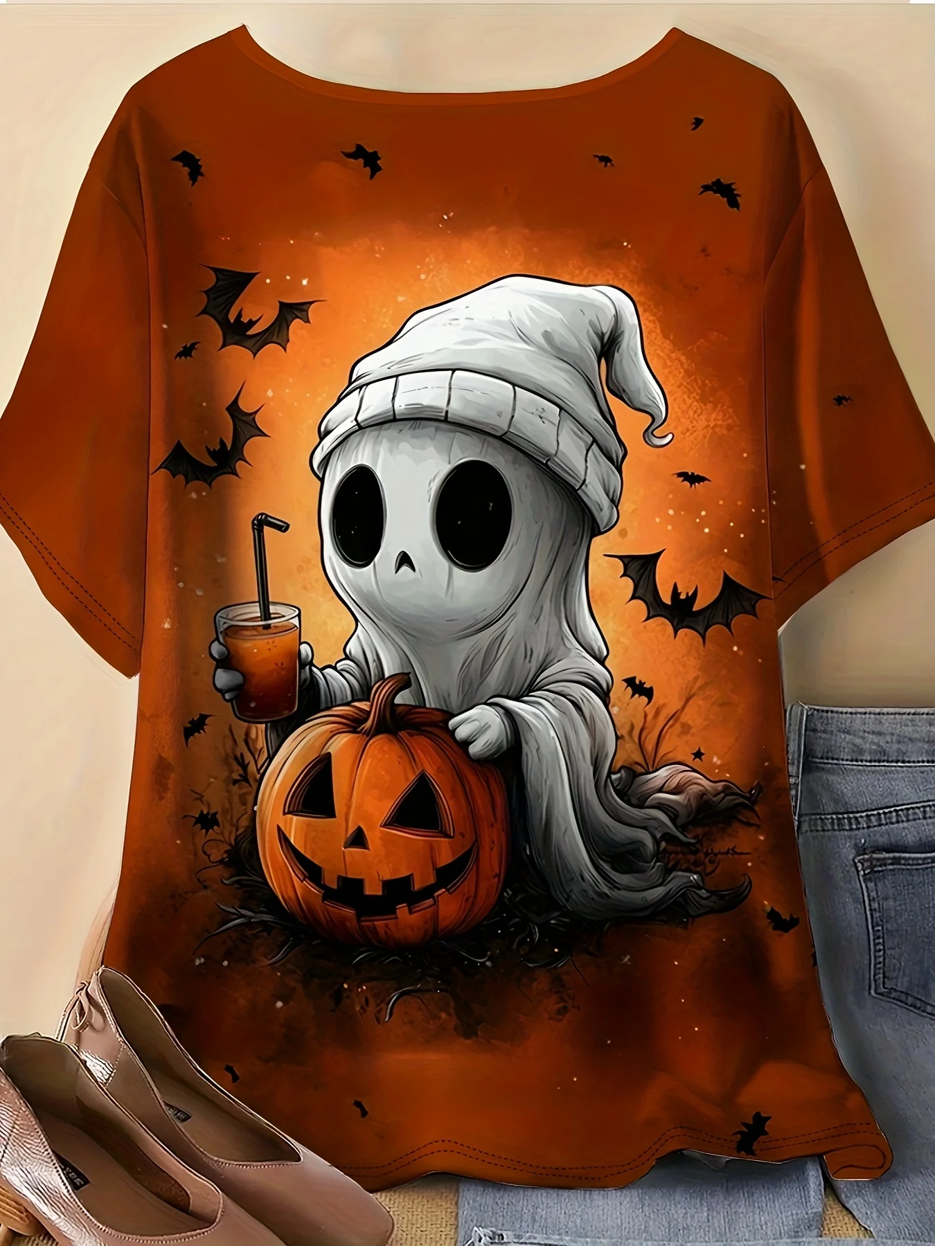 2026 New Women's Halloween Tee Cartoon Ghost Pumpkin Bat Print Crew Neck Loose Short Sleeve Top Festival Holiday Fashion Clothes