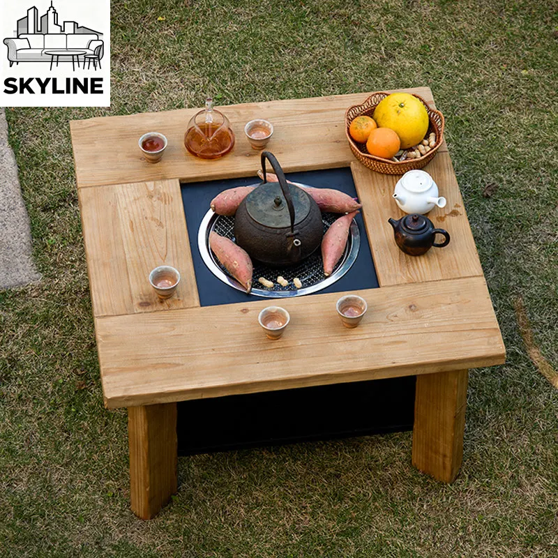 Solid wood outdoor stove tea tea table square heating table fire roasting multi-purpose coffee table