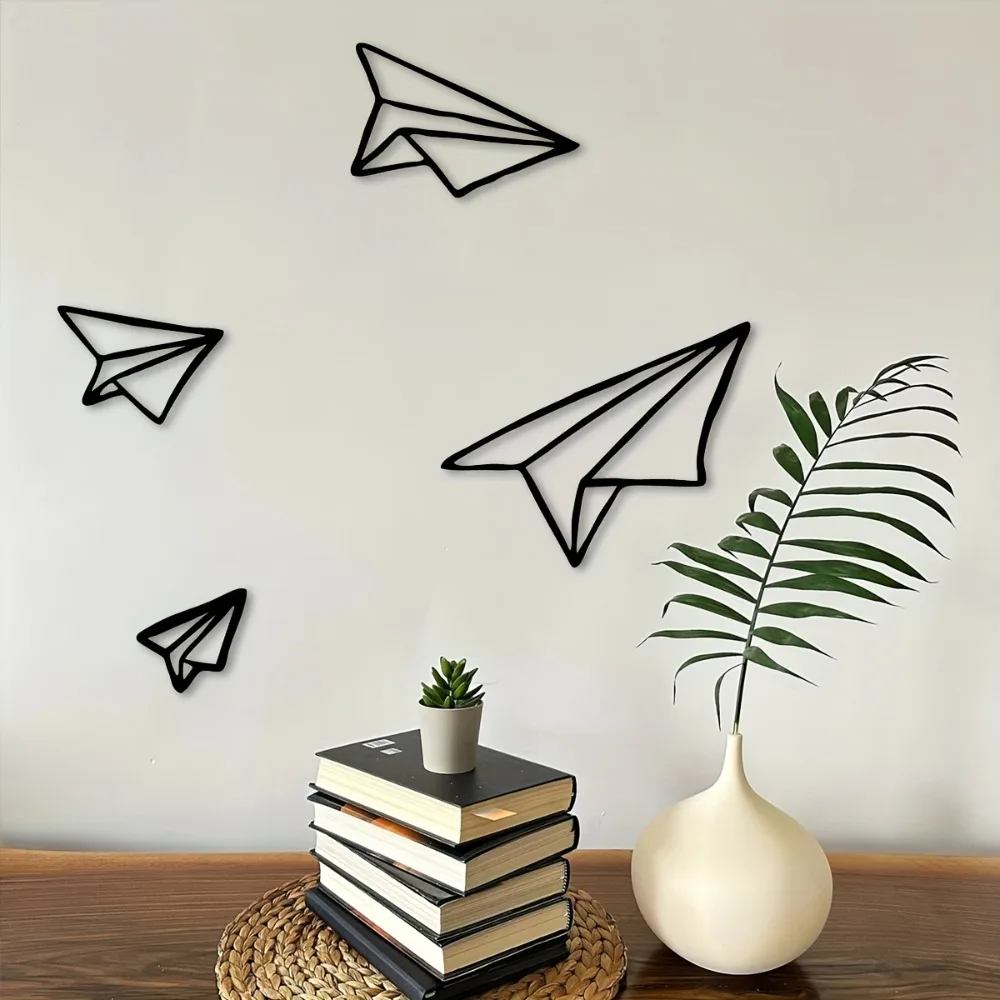 CIFBUY 4Pcs Wrought Iron Paper Airplane Wall Art Metal Line Mural Plaque for Home Office Minimalist Decor