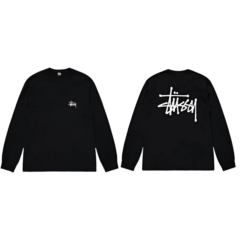 STUSSY 8 النمط الأمريكي الملمس المعدني طباعة جولة الرقبة البلوز الرجال الربيع الطبعة الثقيلة عالية الشارع ملابس خارجية فضفاضة