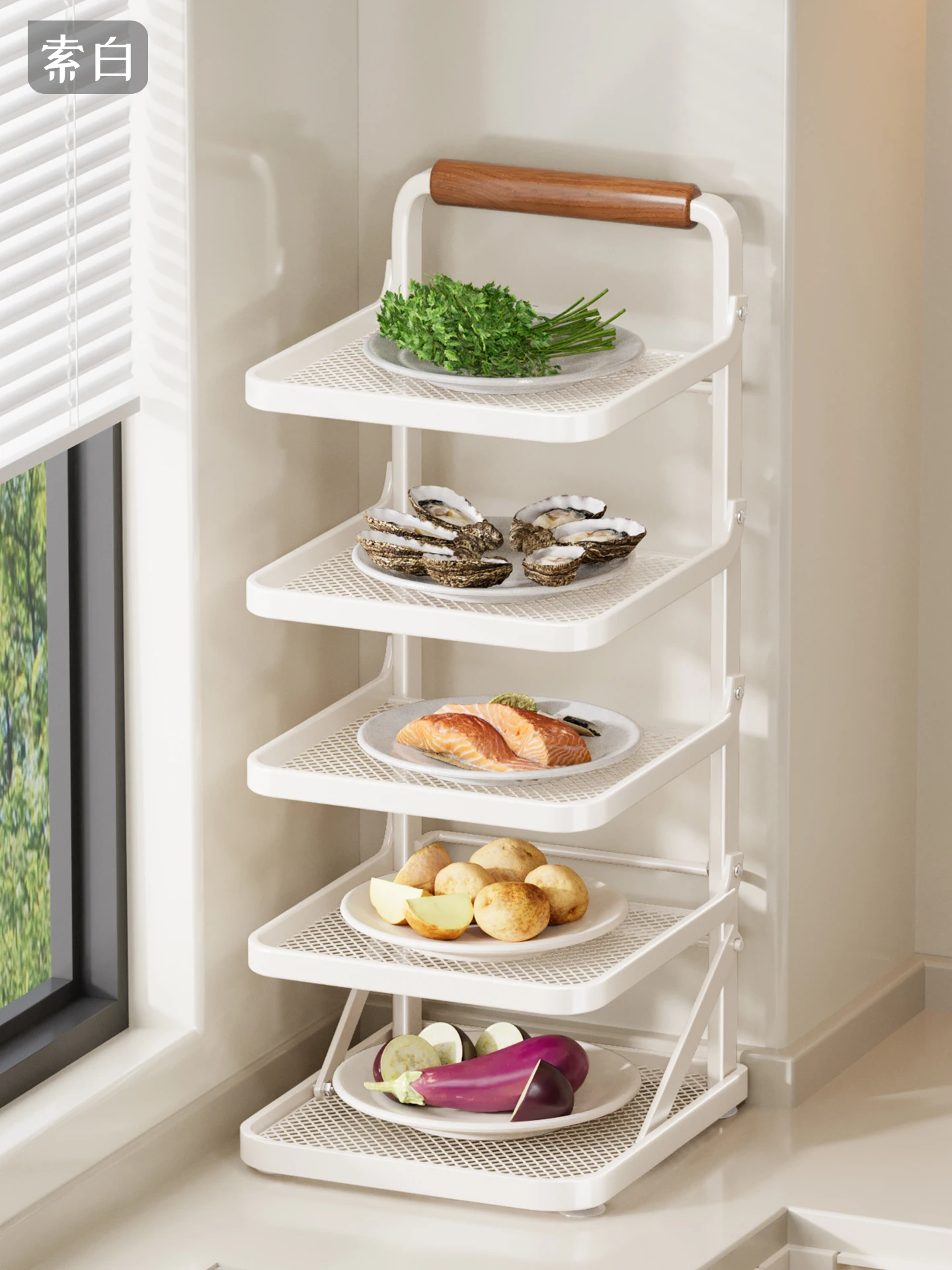 

Kitchen Multi-layered Wall-mounted Storage Ra Di Plate Organizer No-drilling Foldable Design Luxury Sle Carbon Steel Wood