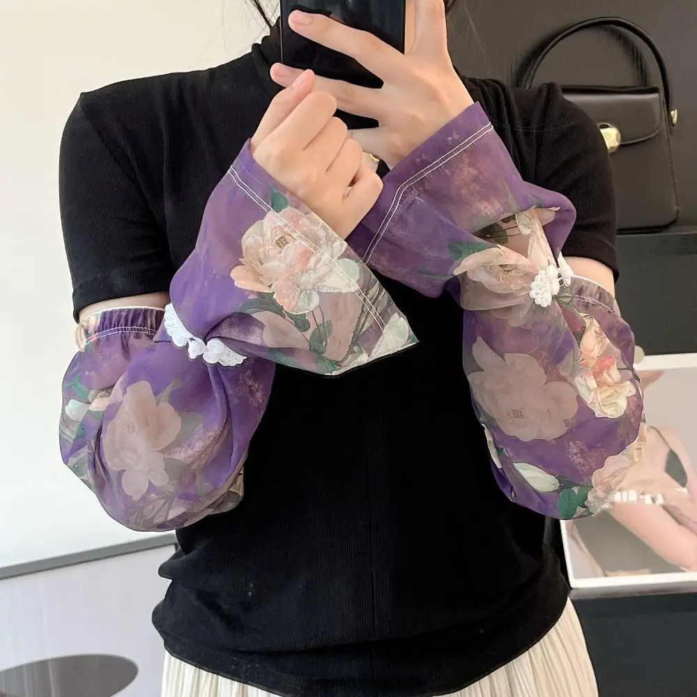 Chinese Style Buckle Printed Ice Silk Sleeves Anti-UV UV Insulation Chiffon Sunscreen Sleeve Flower Long-sleeved Glove