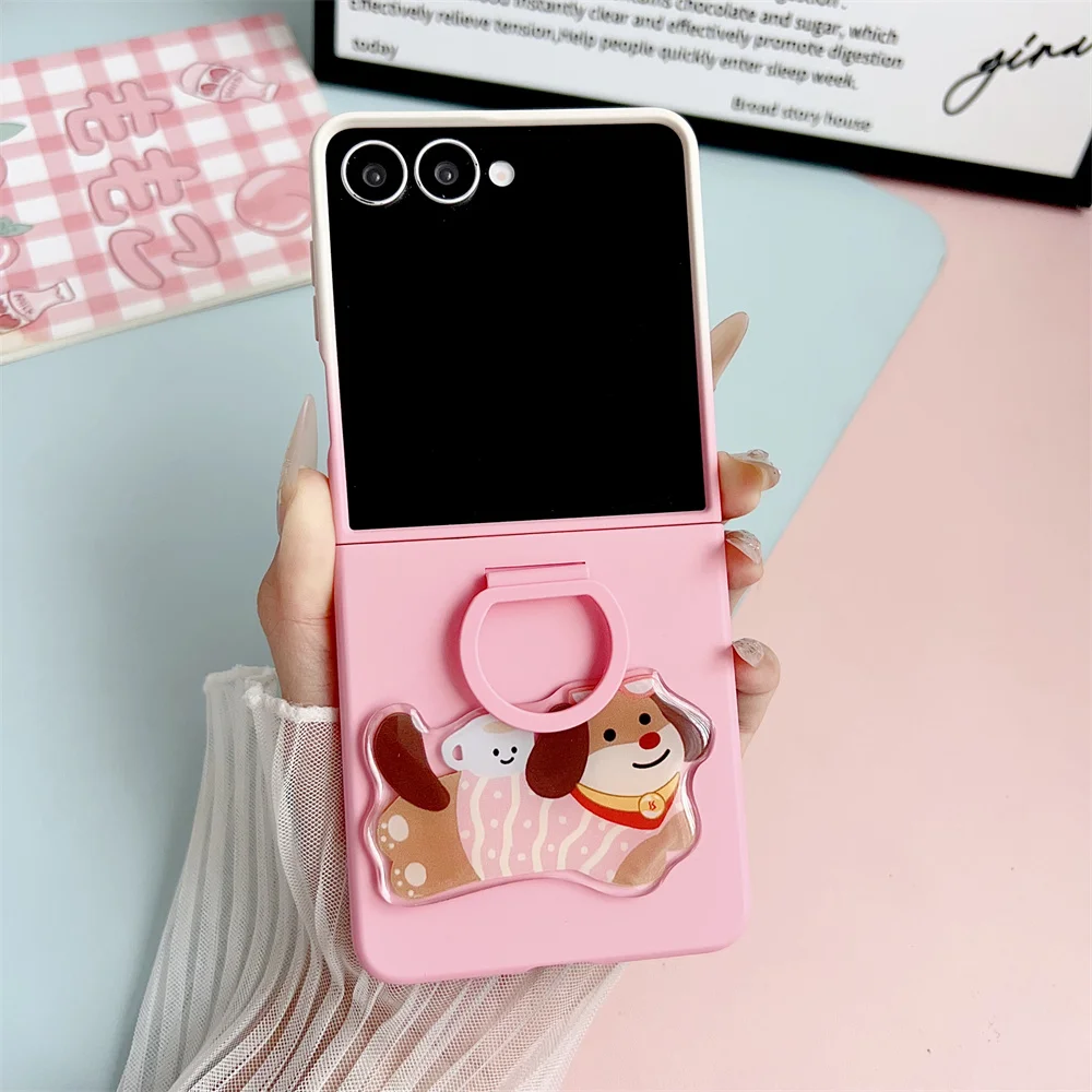 Cartoon Ring PC + TPU stoßfeste Handyhülle für Samsung Galaxy Z Flip 5 6 7 Flip5 Flip6 Flip7 FE niedlicher Hund Schutzhülle