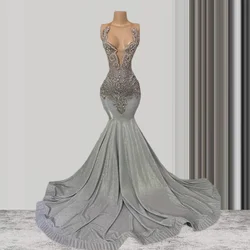 Silver Sparkly Long Prom Dresses For Black Girls Mermaid See Through Crystals American African Evening Gowns Birthday Party Robe