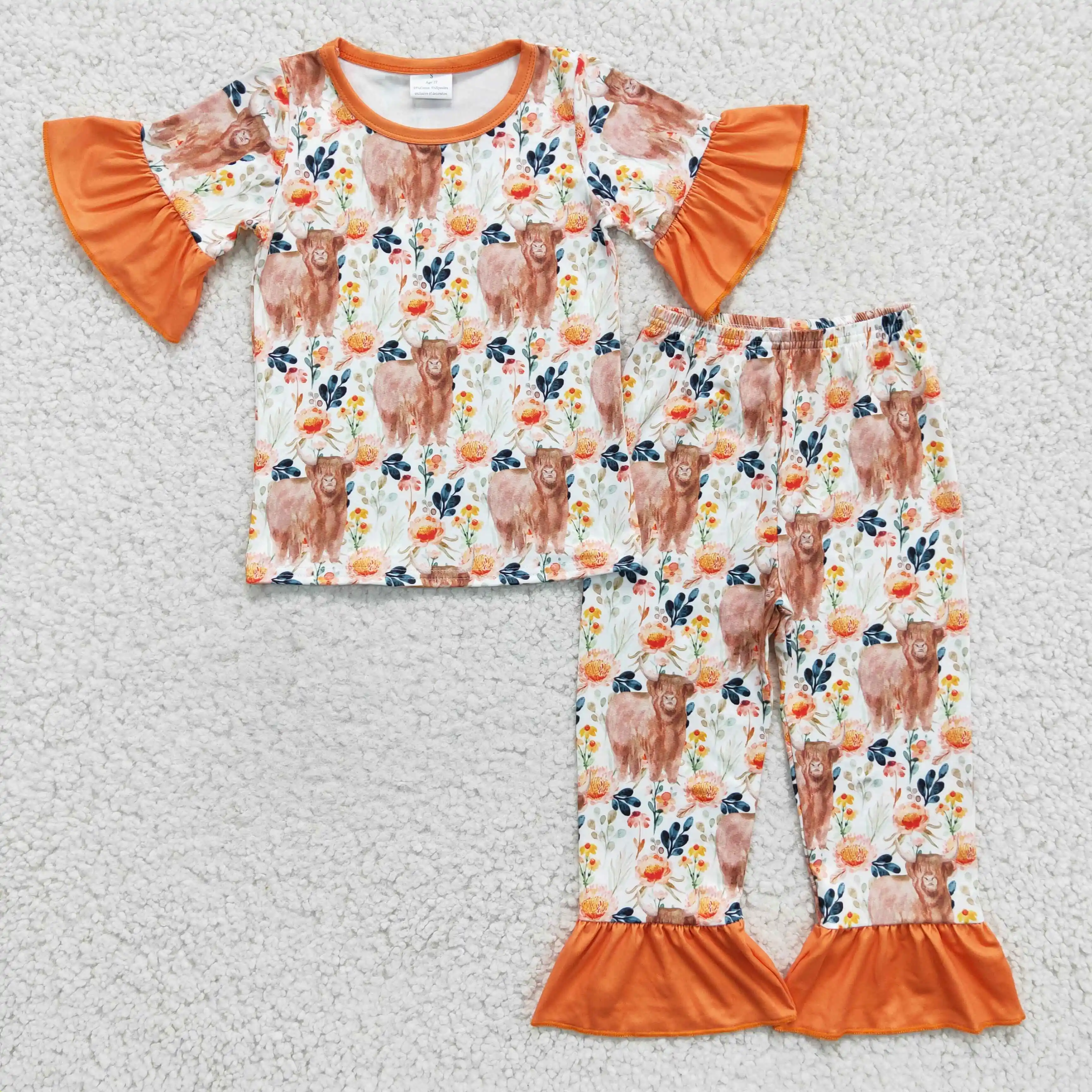 2022 Spring New girls sets Orange Flower Alpine Cow Pajamas Set Boutique Set Wholesale Children's Homewear clothing