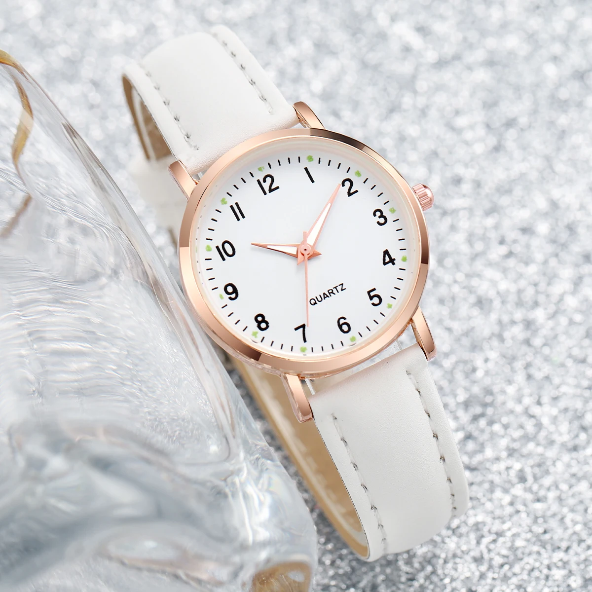 6PCS/Set Women\'s Watch Simple Arabic Dial Quartz Watch Fashion Leather Band Wristwatches Jewelry Set(Without Box)