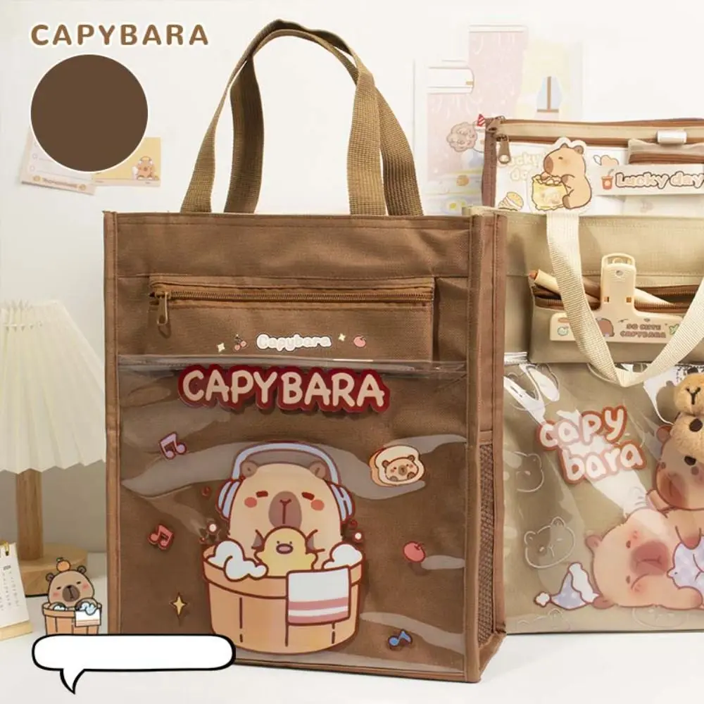 Capybara-bolsos ligeros de lona reutilizables, bolso de mano de gran capacidad, bolsillo transparente, suministros escolares