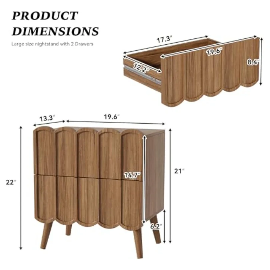 Modern Set of 2 Fluted Nightstand for Bedroom, Walnut Wood Bedside Table