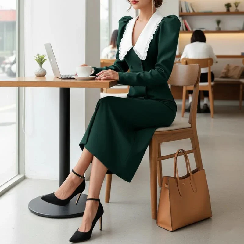 

Elegant Women's Green Bodycon Midi Dress Ruffle Lapel Long Sleeve Double Breasted Patchwork Dress For Evening Party Office Wear