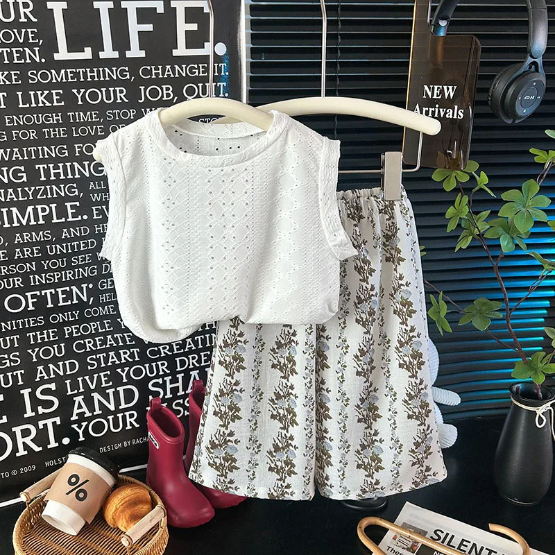 Summer Kids Clothes Set 1-6T Sweet Girls Hollow-out Vest + Flower Pants Loose Ventilate Children Outfit 2PCS