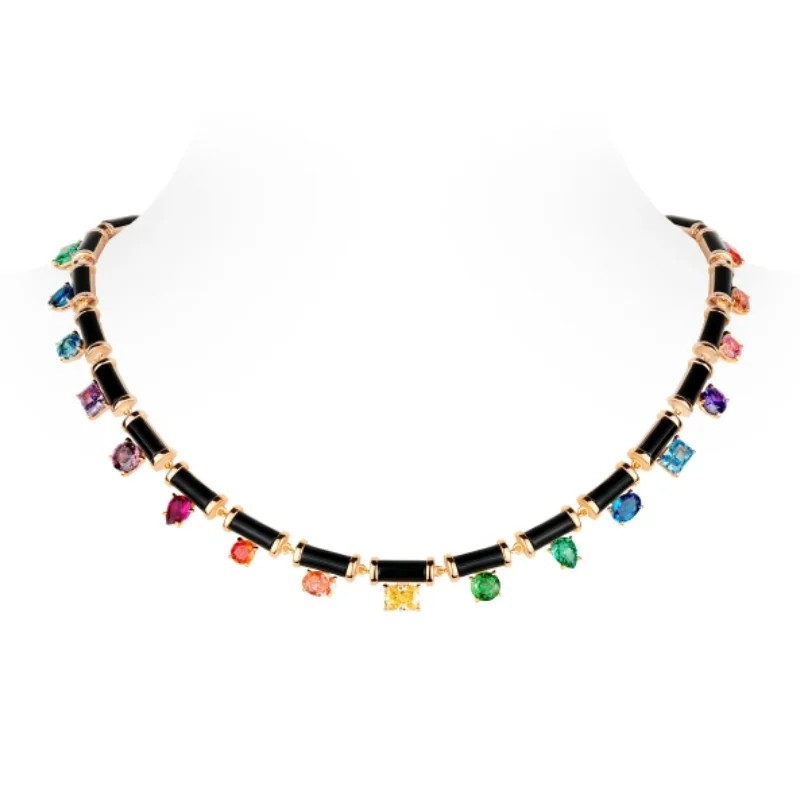 

BELLUX Colored Gemstone 925 Silver Synthetic Zircon Full Diamond Black Agate Bamboo Knot Luxury Fashion Jewelry Necklace