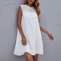 Summer New 2025 Fresh and Sweet Stand-up Collar Loose Hollow Lace Hook Flower Sleeveless Women's Dress 64