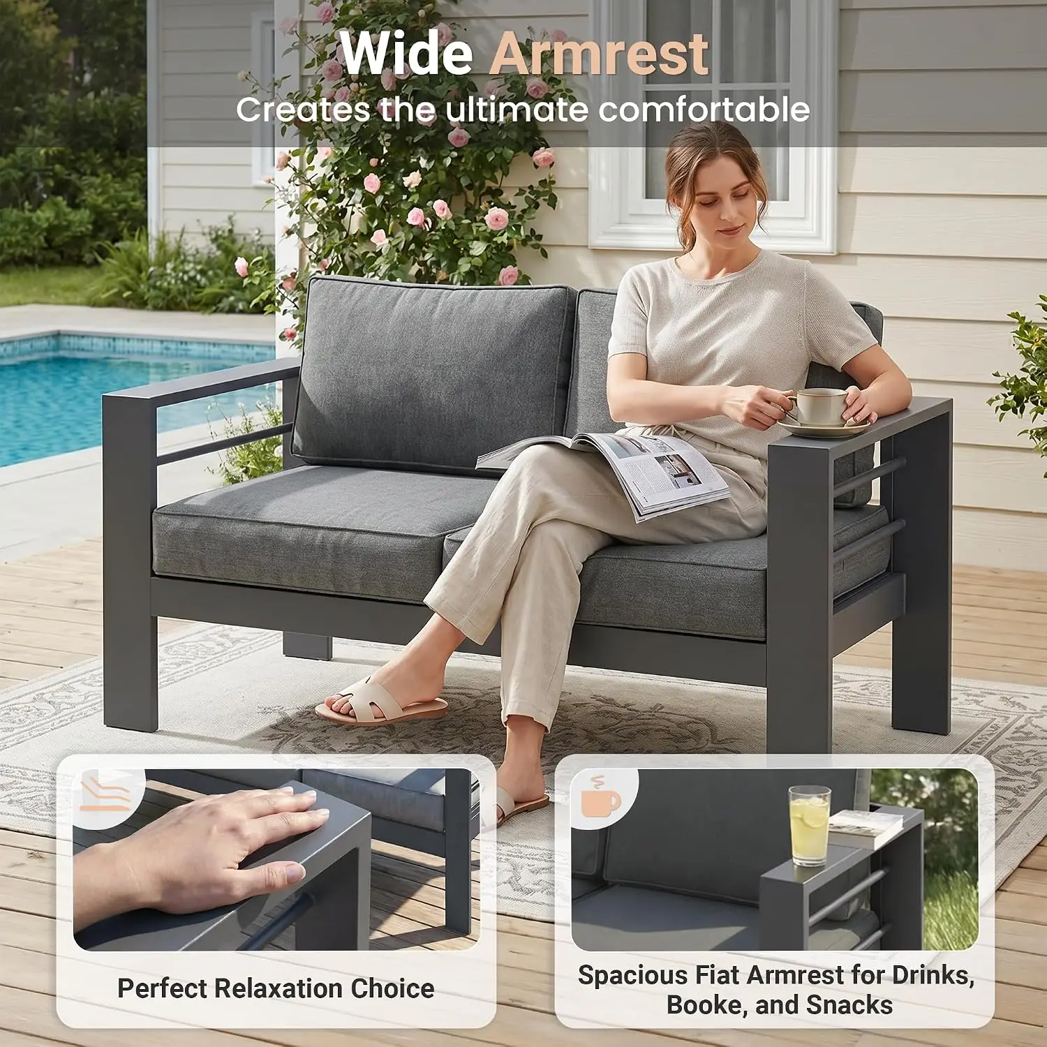 Outdoor Loveseat Aluminum Patio Sofa, All-Weather Metal Frame with Cushions, Dark Grey, Customized image 5