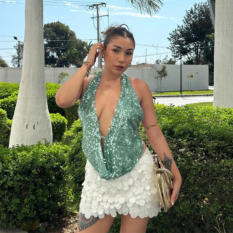 Mcsz lantejoulas halter topo para mulher profundo capuz pescoço sem costas regata verão sexy brilhante festa noite clube topos camisola