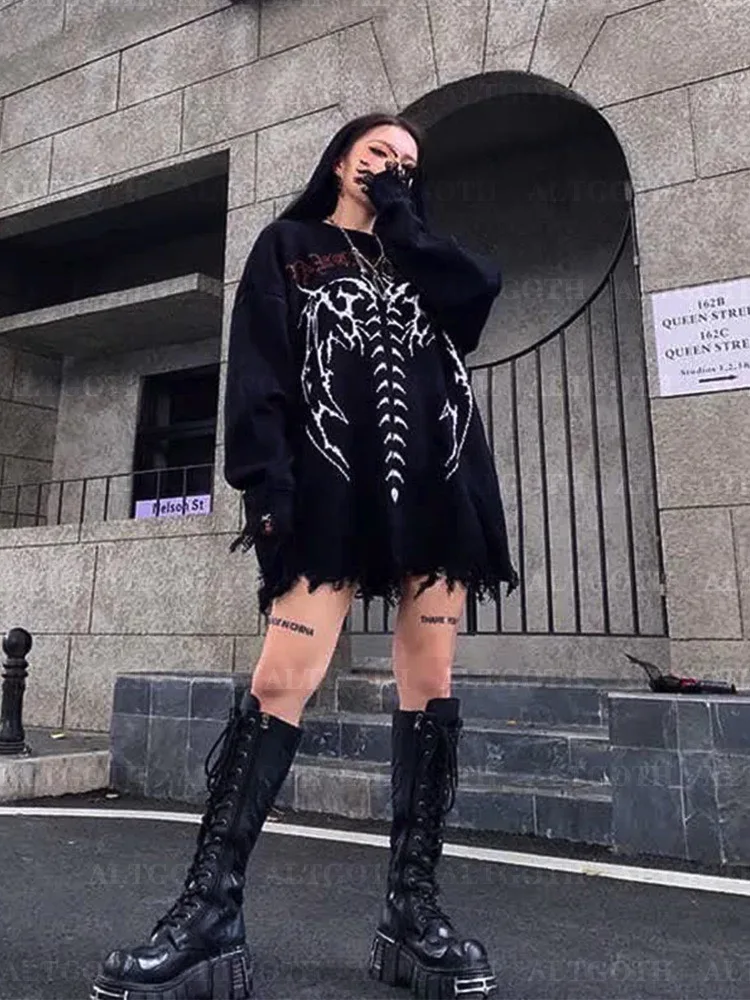 AltGoth Harajuku Cyber Y2k gotycki sweter damski Streetwear Grunge Emo Alt szkielet luźne z dzianiny w stylu Casual swetry z długim rękawem