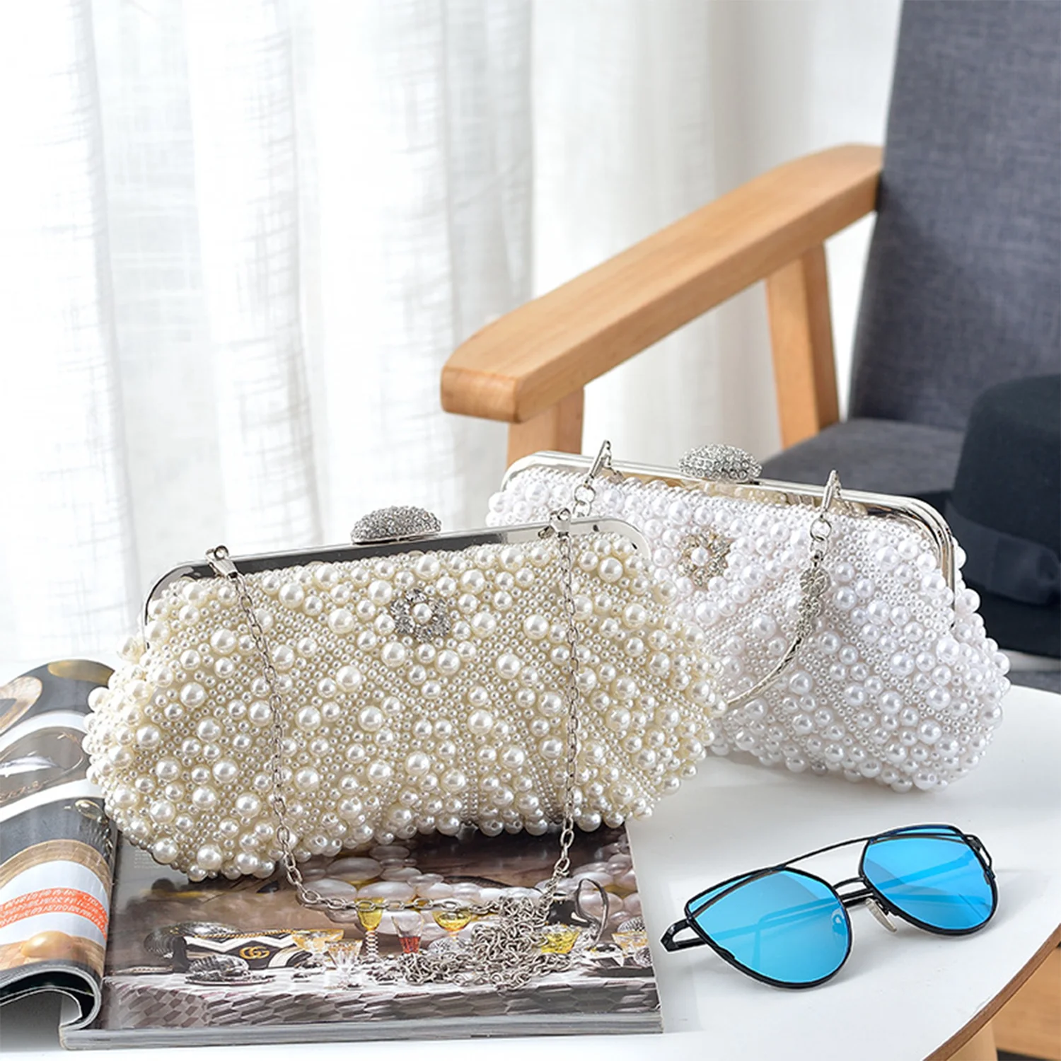 Full Pearls Adorned Crystal Beaded Bridal Clutch Bags Formal Dress Evening Party Purse Handbag Long Chain Lady One Shoulder Bags
