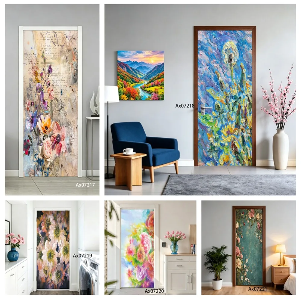 Vintage Sunset Floral Oil Painting Door Sticker Self-adhesive Furniture Doors Refurbished Decorative Waterproof Wall Stickers