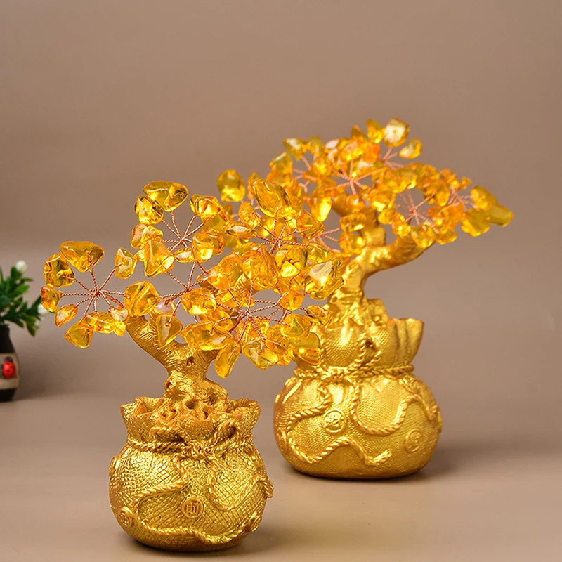 Árbol de la suerte amarillo Feng Shui, adornos de cristal de cuarzo, limón, Yuanbao, dinero, fortuna, suerte