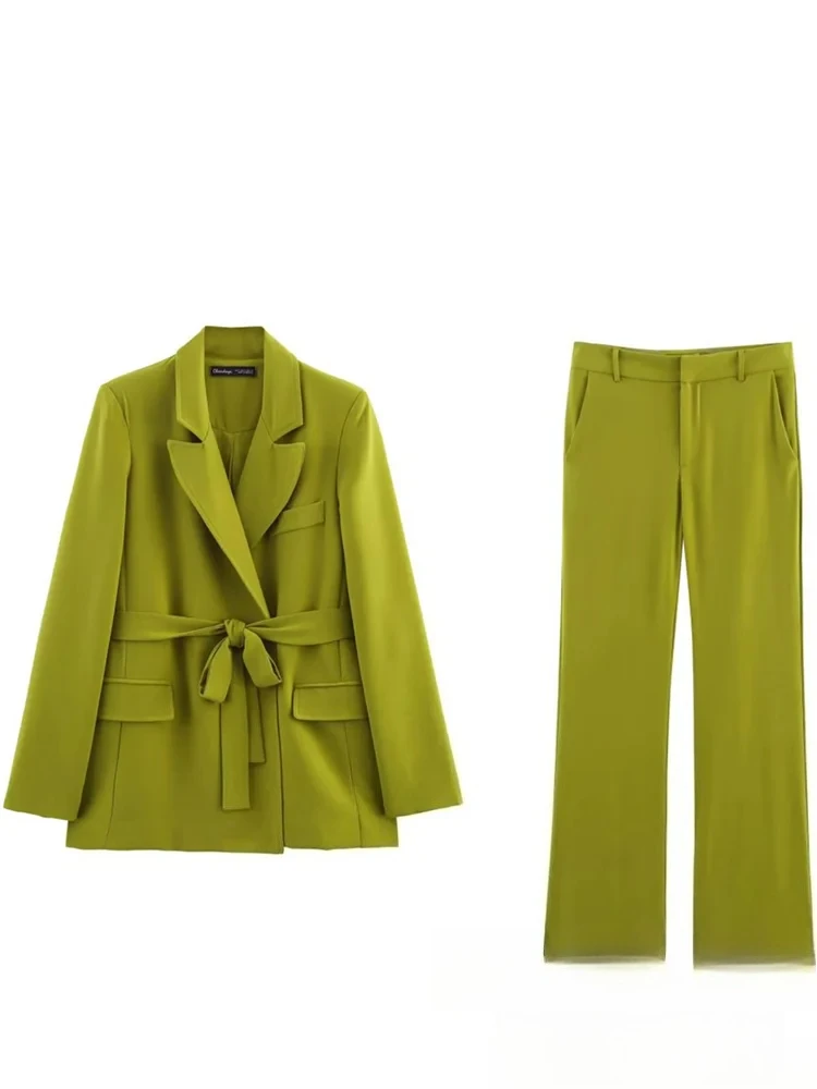 KONDALA Office Lady Chic Solid Women Suit Sashes Lace-up Pockets Slim Blazer Flare Pants New Fashion 2025 Spring Summer Sets