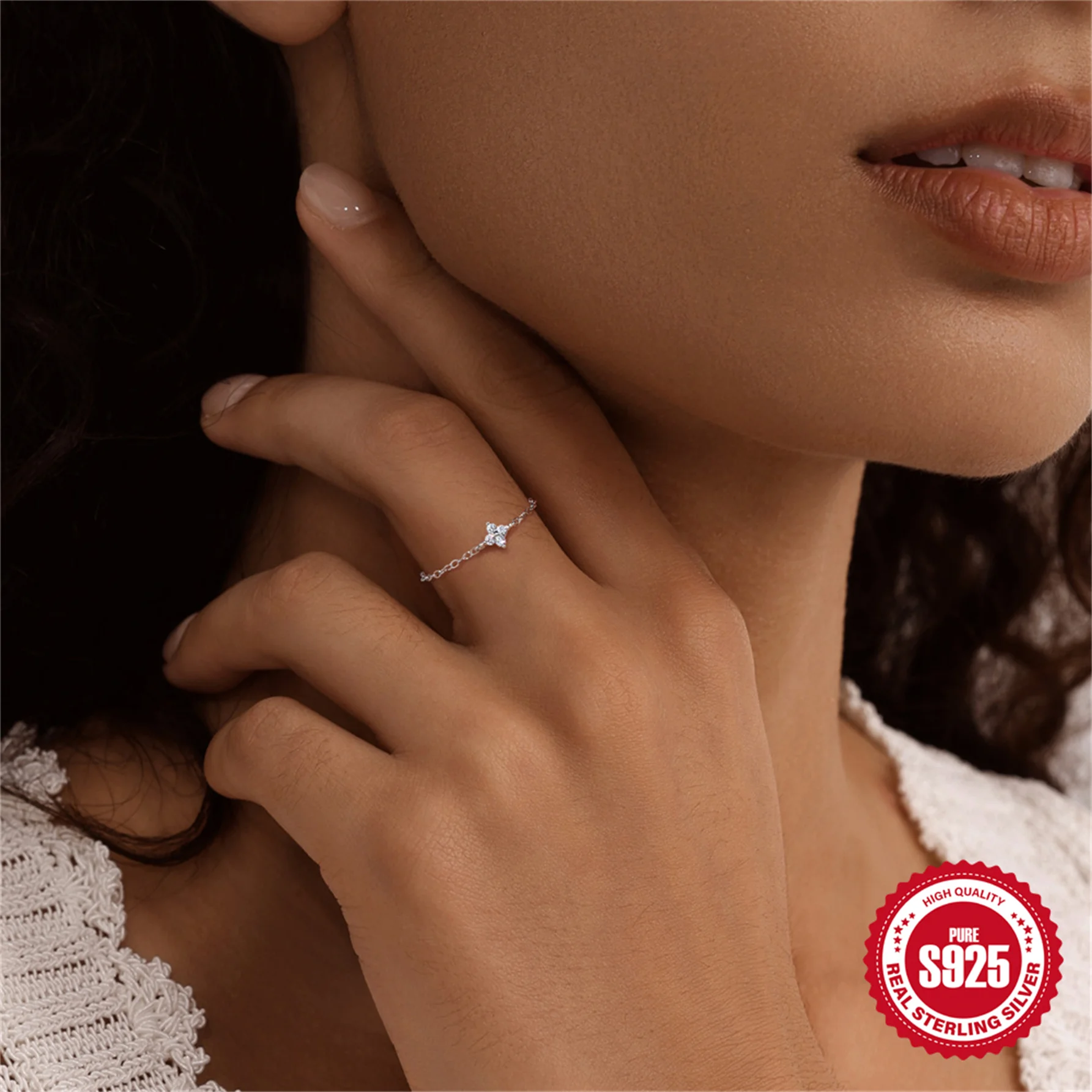 

AIDE 925 Sterling Silver Classic Four-Leaf Clover Chain Adjustable Ring For Woman Ins Minimalism European American Style Ring