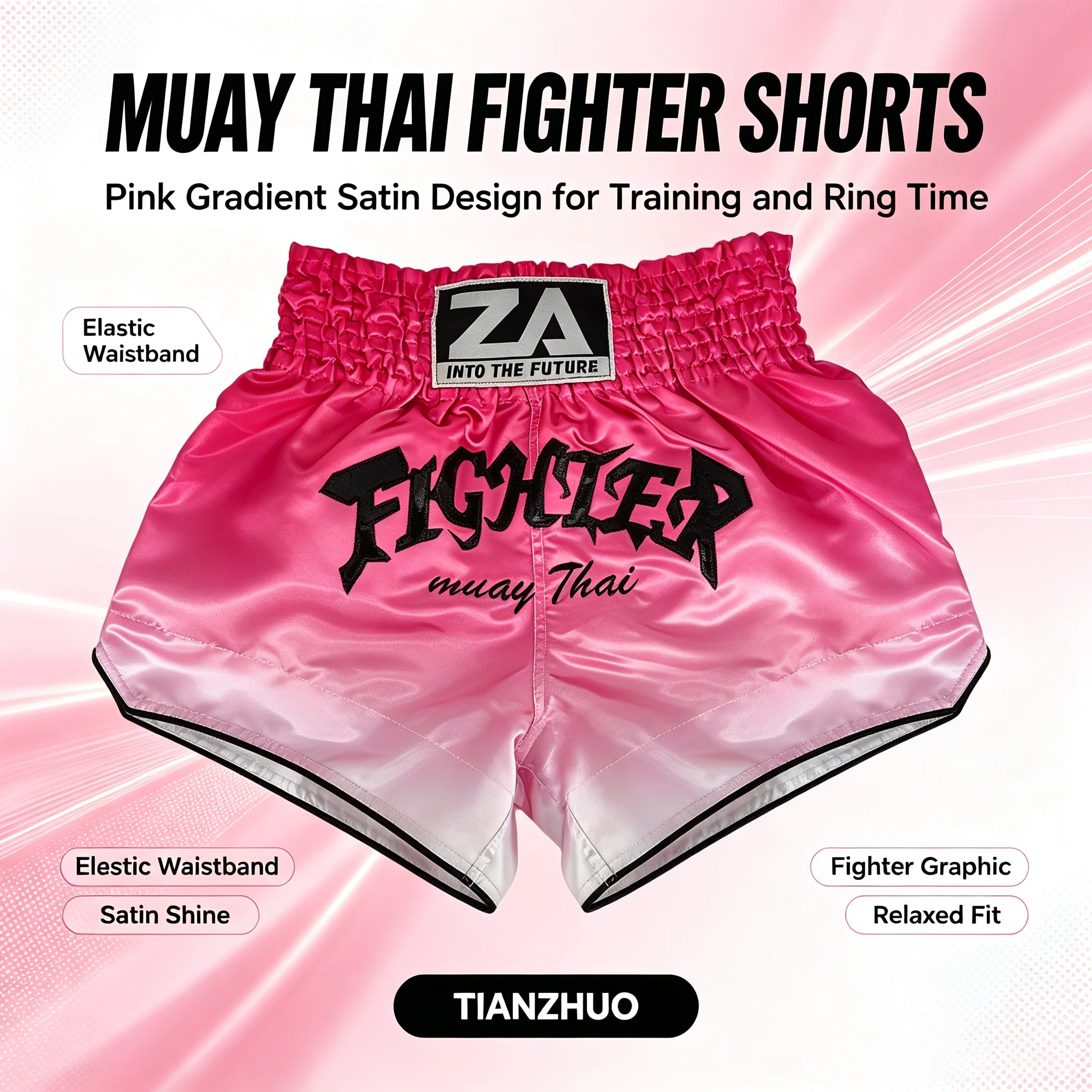 Rosa Farbverlauf Muay Thai Shorts Glänzender Satin Elastischer Bund Boxershorts Leichte MMA Kickbox-Sparring-Hosen für Männer Frauen Kinder