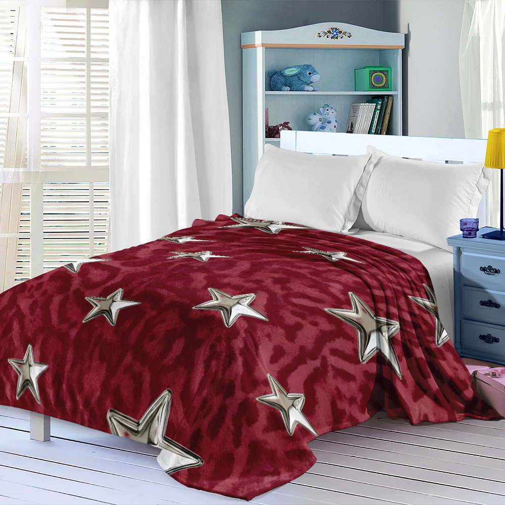 Red Leopard Silver Stars Flannel Blanket Perfect For Sofa Office Bed Travel Sleep Read Relax Camping Four Season Use