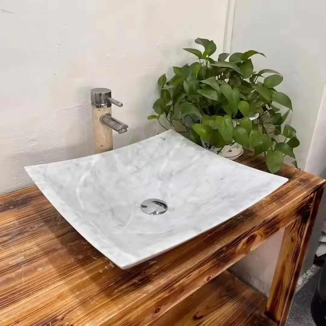 Modern Carrara White Marble Bathroom Basin Natural Stone Kitchen Trough Vessel Sink