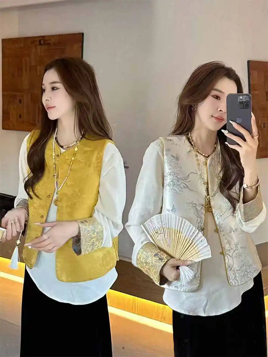 

Loose Women's Embroidered Vest Two-Piece Set Spring New Chinese Style Double-Sided Wear Outerwear Jacket Fashionable Trend