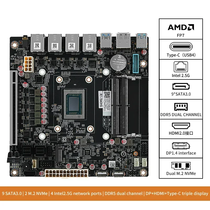 4xi226-V 2.5G LAN AMD Ryzen 9 7940HS 7 8845HS 9-Bay NAS Motherboard  9xSATA3.0 2xM.2 NVMe PCIE X16 2xDDR5 17X17 ITX Firewall