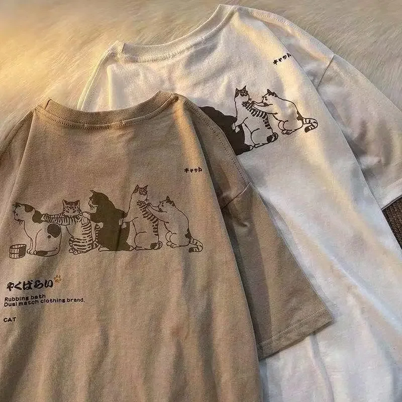 Camiseta de manga corta con cuello redondo para mujer, ropa estética de gran tamaño con estampado de gato lindo de dibujos animados, Harajuku, Y2k,