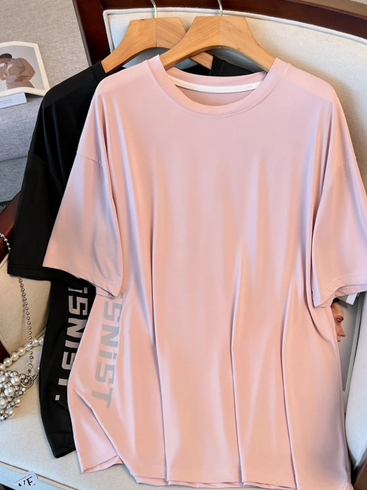 

Элитная женская спортивная футболка больших размеров из ледяного шелка, быстросохнущая, свободного кроя, с эффектом похудения, с коротким рукавом, тонкая, летняя, для полных женщин