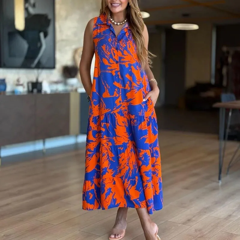 Boho Style Print Loose Pleated Long Dresses Woman Spring Button Lapel Shirt Office Dress Summer Sleeveless Vacation Maxi Dresses