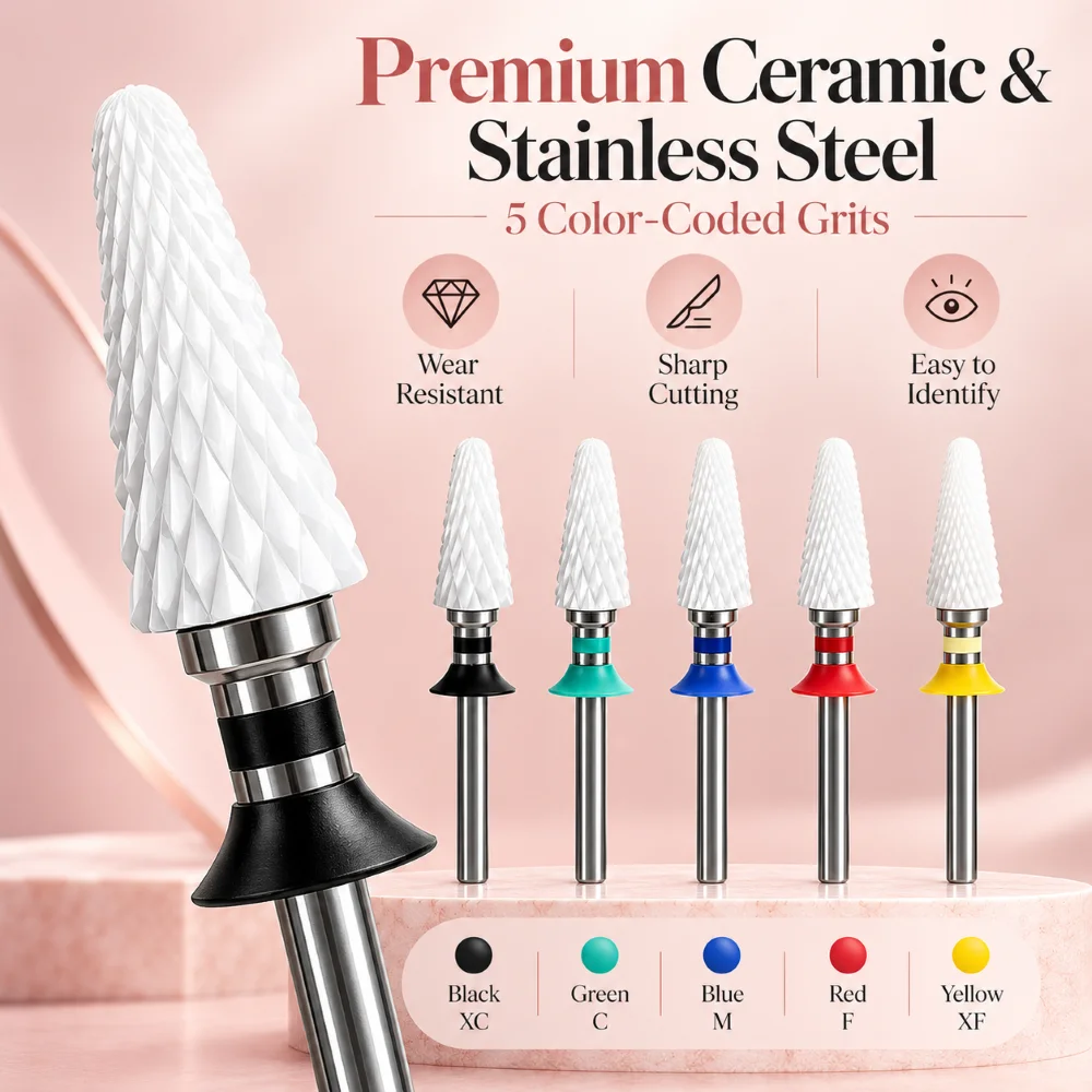 5PCS Ceramic Cone Nail Drill Bits Set 2.35mm Shanks Five Grades For Gel Acrylic Removal Shaping Refining With Individual Holders