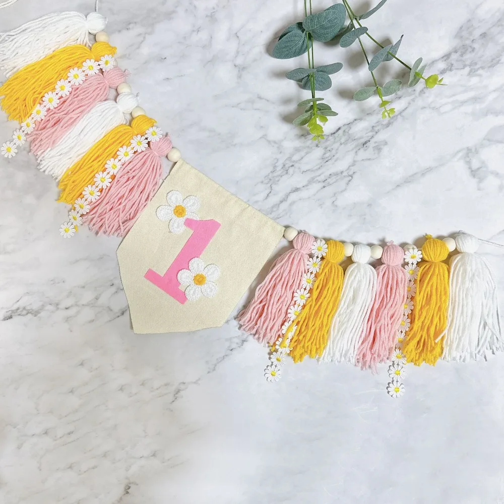 Cotton Colorful Tassel Highchair Banner 62 Inch Pink Baby High Chair Pull The Flag Colorful Tassel Banner Birthday Party