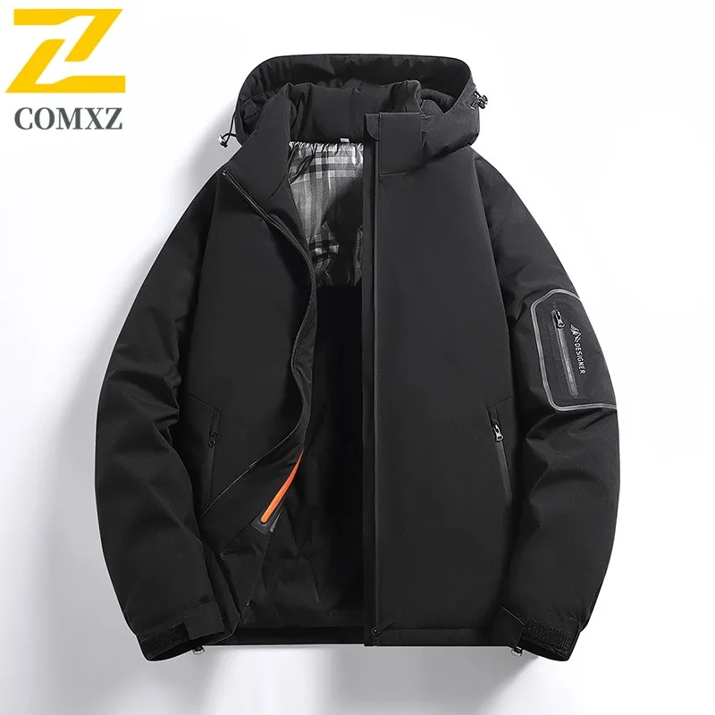 COMXZ Men Winter Cotton Coat Plus Size Loose Fit Casual Hooded Sports Windproof Jacket Graphene Hiking Thermal Leisure Outerwear