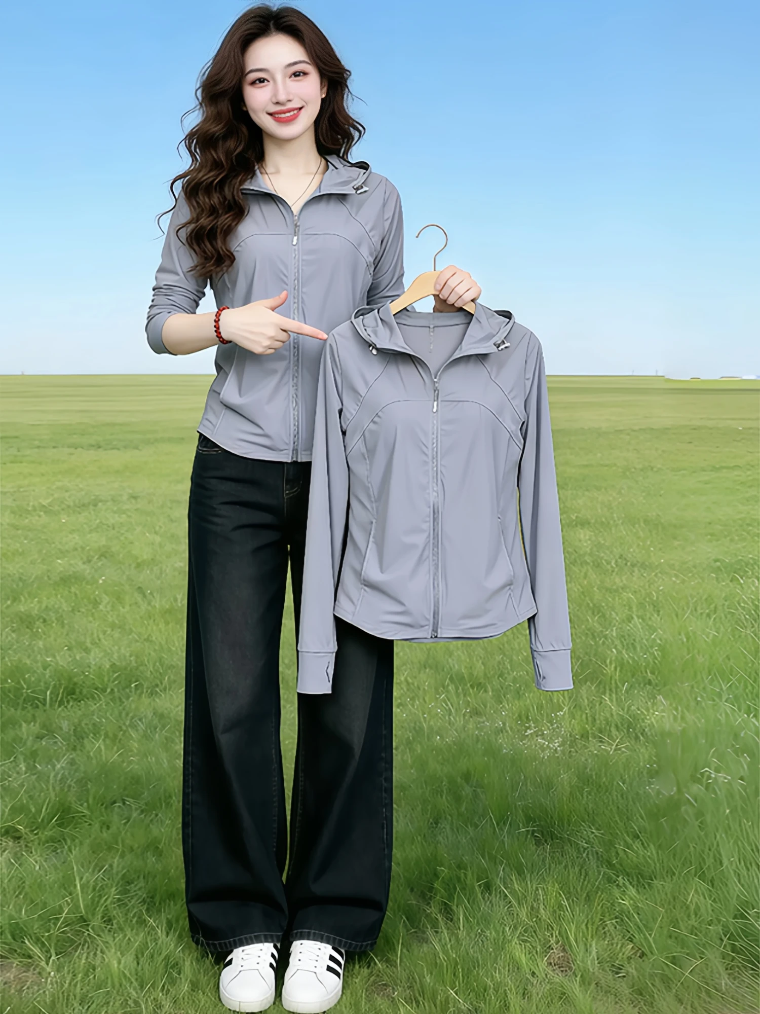 Elegant Slim Fit Hooded Women's Summer Outdoor Sun Protection Jacket Breathable Long Sleeve Zipper Closure  Color Home Wear